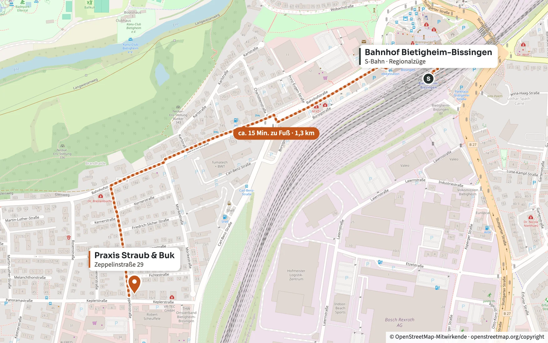 Stadtplan: Fußweg vom Bahnhof Bietigheim-Bissingen über die Bahnhofstraße in die Zeppelinstraße 29, etwa 15 Minuten